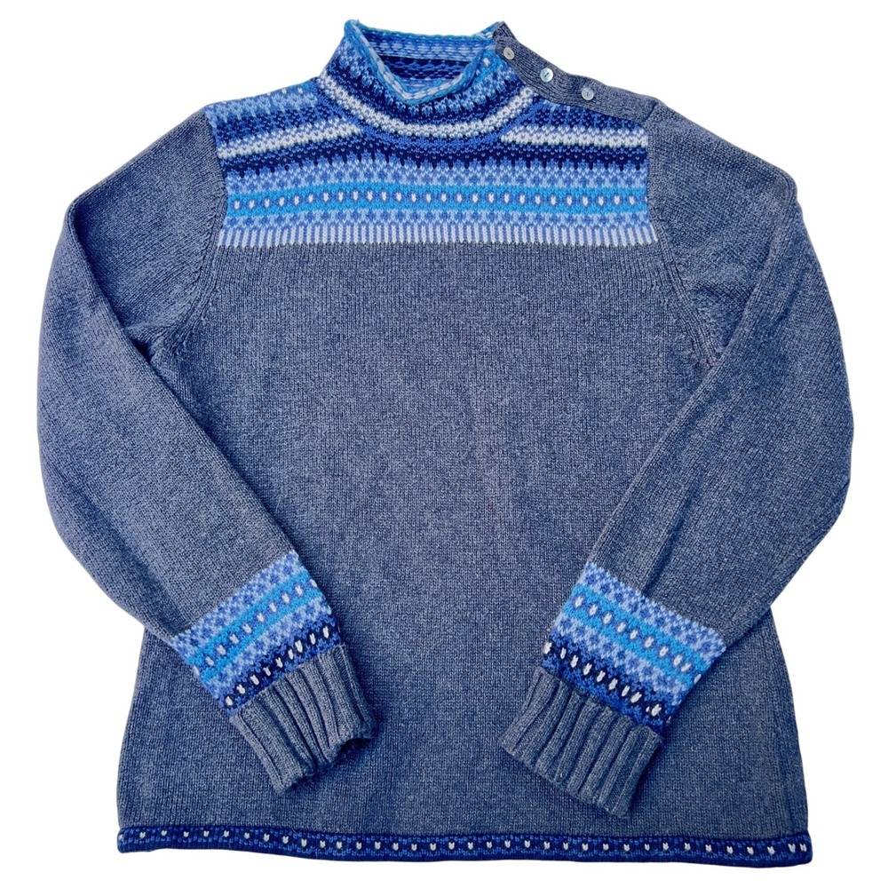 Jones Wear Sport W's L Blue Fair Isle Mock Neck Button Shoulder Sweater Knit Top